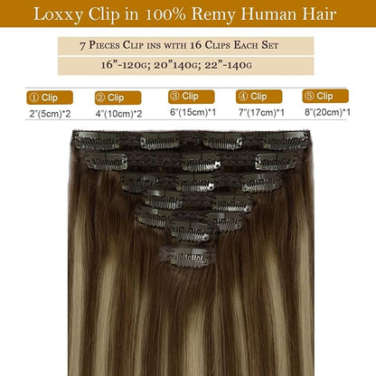 Loxxy Human Hair Extensions Clip ins Real Hair Clip in Extensions 18inch 120gram Thick Hair Extensions Omber Brown 4 to Highlights Caramel Blonde 26 Clip Extensions Human Hair Dark Roots