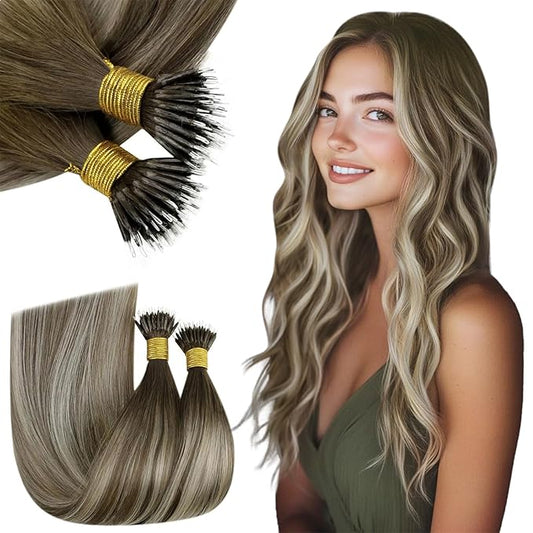 RUNATURE 20 Inch Nano Hair Extensions - Balayage Brown to Blonde Silky Human Hair - Remy Pre-Bonded Nano Bead Straight Extensions 50g 50s