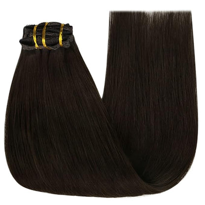 YoungSee Clip in Human Hair Extensions Darkest Brown Remy Human Hair Extensions Clip ins Brown with Lace Brown Clip in Hair Extensions Real Human Hair Breathable Human Hair Extension 7Pcs 12Inch 80G