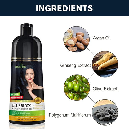 Herbishh Blue Black 3 in 1 Hair Dye Shampoo (Pack of 3) 16.9 FL Oz Each and Pro Keratin Argan Oil Hair Mask 5.07 Fl Oz Combo for Dry Damaged Hair 150 ML - Long Lasting Grey Hair Color for Women