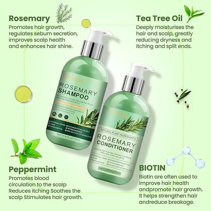 Rosemary Hair Growth Shampoo & Conditioner Set: Infused with Tea Tree Oil Mint Biotin - Cleanses and Helps Strengthen Weak and Brittle Hair - Promotes Hair Growth & Scalp Health for Men Women