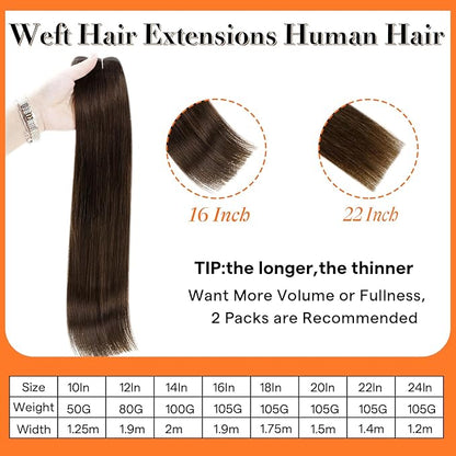 Full Shine Weft Human Hair Brown Sew in Real Hair Extensions #2 Dark Brown Weft Extensions Real Bundles for Women 105g 20 Inch