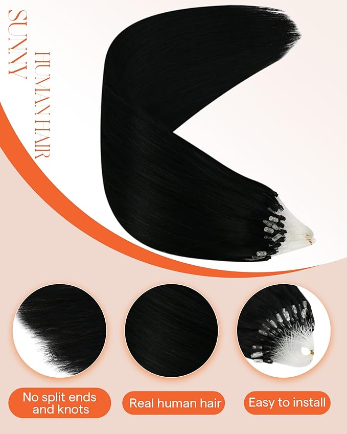 Sunny Hair Micro Ring Hair Extensions Human Hair Black 24inch Micro Beads Hair Extensions Jet Black Soft and Silky Micro Link Hair Extensions Human Hair Black Straight Long Hair Micro Loop 24inch 50g