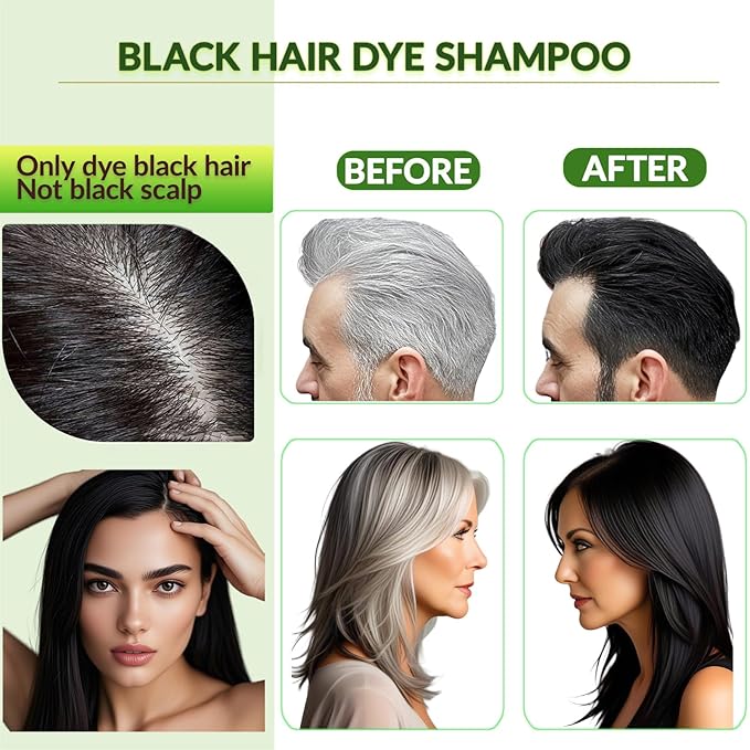 Ammonia-Free Instant Black Hair Dye Shampoo for Gray Coverage,Non-Staining scalp Long-Lasting Natural Black Hair Color Shampoo for Men/Women,Gentle polar Dye for Damaged Hair