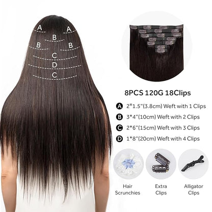 Clip in Hair Extensions Real Human Hair Dark Brown Seamless Clip In 100% Remy Hair Extensions PU Skin Weft Add Volume Thick&Invisible #2 20Inch 120G 8PCS