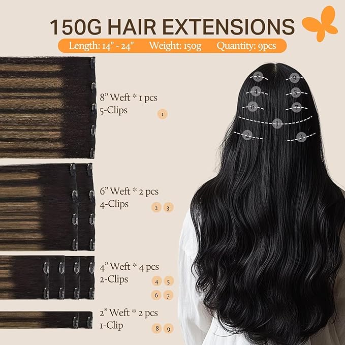 DOORES Clip in Hair Extensions - Real Human Hair, Balayage Natural Black to Chestnut Brown, 20 Inch, 150g, 9pcs, Remy Straight Natural Extensions