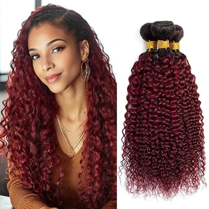 Ombre 1B99J Hair Curly Bundles Black and Wine red Curly Bundles two tone Brazilian Hair Extensions Soft and Silky for Women 26 28 30 Inch