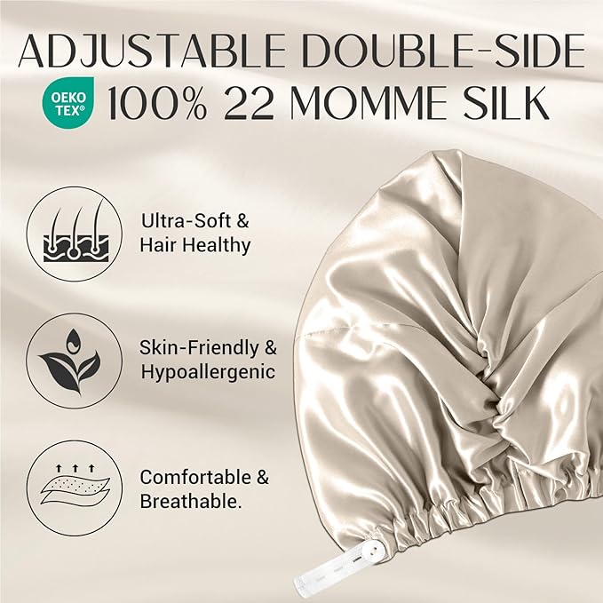 ZIMASILK 22 Momme Adjustable 100% Mulberry Silk Bonnet for Sleeping Women, Silk Hair Wrap for Hair Protection, That Reduces Falling off (1Pc, Beige)