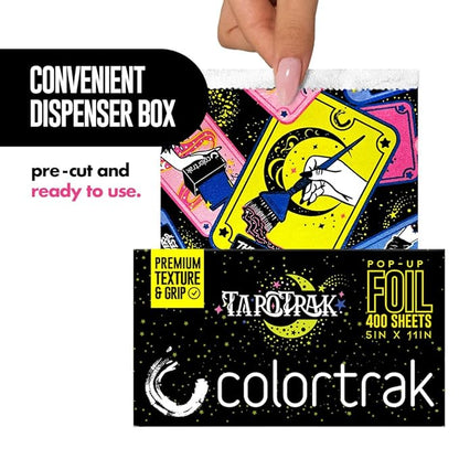 Colortrak Tarot Pop-up Foil W/Dispenser (400 Count), Pre-cut Sheets, Non-Slip Embossed Texture, 5" x 11" Sheets for Hair Foil Coloring and Highlighting Sheet Applications
