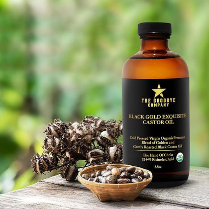 The Goodbye Company Black & Gold Castor Oil Blend – USDA Organic, Cold-Pressed & Unrefined – Pure Hexane-Free Oil for Hair, Skin, Body, Eyelashes & Eyebrows