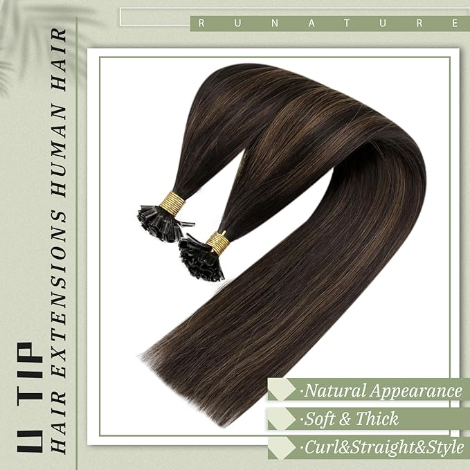 RUNATURE U Tip Hair Extensions Human Hair 22 Inch Straight U Tip Human Hair Extensions Balayage Dark Brown to Ash Brown with Dark Brown Pre Bonded Hair Extensions Remy Hair Silky 50g 50 Strands