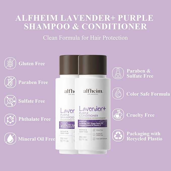 Alfheim Lavender+ Purple Shampoo & Conditioner Set | Tone-Correcting for Blonde, Silver & Gray Hair | Neutralizes Brass & Yellow Tones | Moisturizes, Protects Color & Adds Shine | 10.7 oz Each