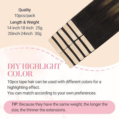 MAXITA Tape in Hair Extensions Real Human Hair Balayage Dark Brown to Chestnut Brown 22 inch 30g 10pcs Tape in Extensions Remy Seamless Straight Hair Extensions for Women