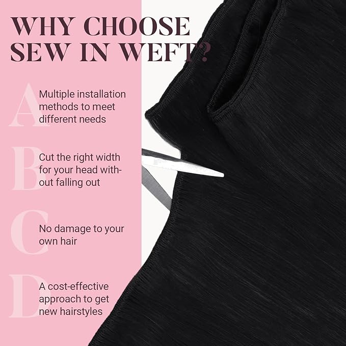MAXITA Sew in Human Hair Extensions Jet Black Weft Hair Extensions Real Human Hair 100g 18 inch Silky Stright Double Weft Black Hair Weft Extensions Sew in Extensions