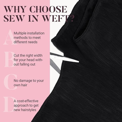 MAXITA Sew in Human Hair Extensions Jet Black Weft Hair Extensions Real Human Hair 100g 18 inch Silky Stright Double Weft Black Hair Weft Extensions Sew in Extensions