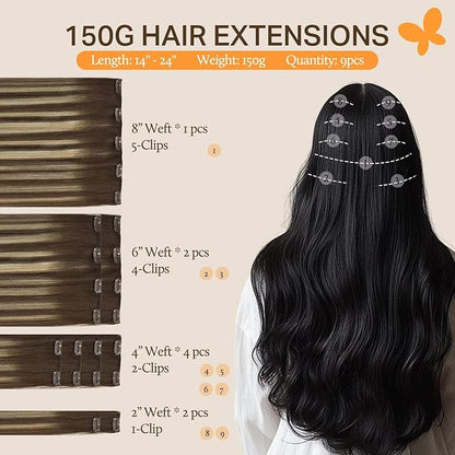 DOORES Human Hair Extensions Clip in, Balayage Chocolate Brown to Honey Blonde 150g 9pcs 22 Inch, Clip in Hair Extensions Remy Extensions Human Hair Natural Real Hair Extensions Human Hair Straight