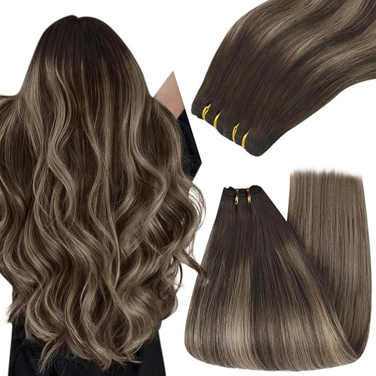 YoungSee Sew in Hair Extensions Balayage Weft Chocolate Brown with Ash Blonde Balayage Sew in Hair Extensions for a Smooth and Natural Finish 14Inch 100G