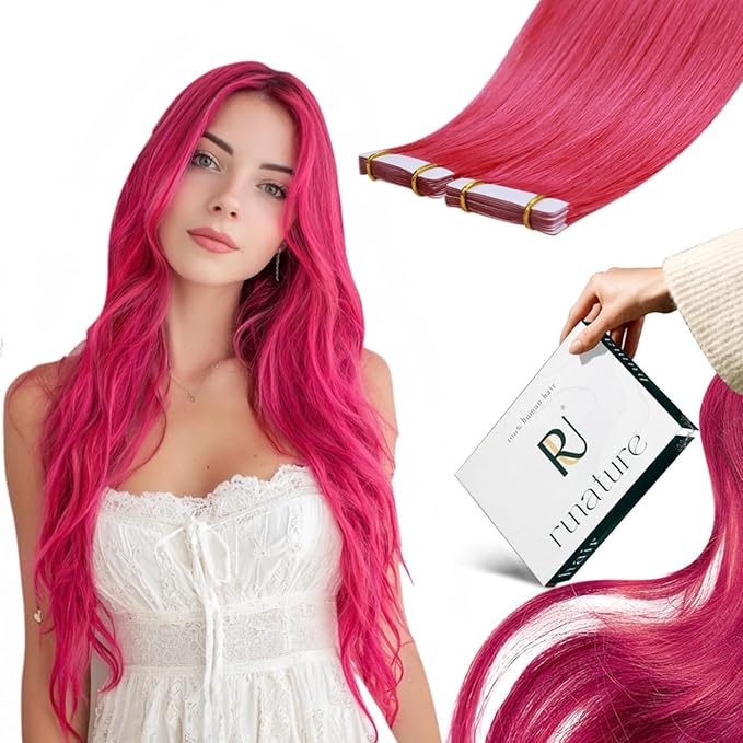 RUNATURE Hot Pink Hair Extensions Tape in, Real Human Hair Tape in Extensions Colored Tape in Hair Extensions Human Hair for Highlight Soft Silky Hair 14 Inch 20g 10pcs