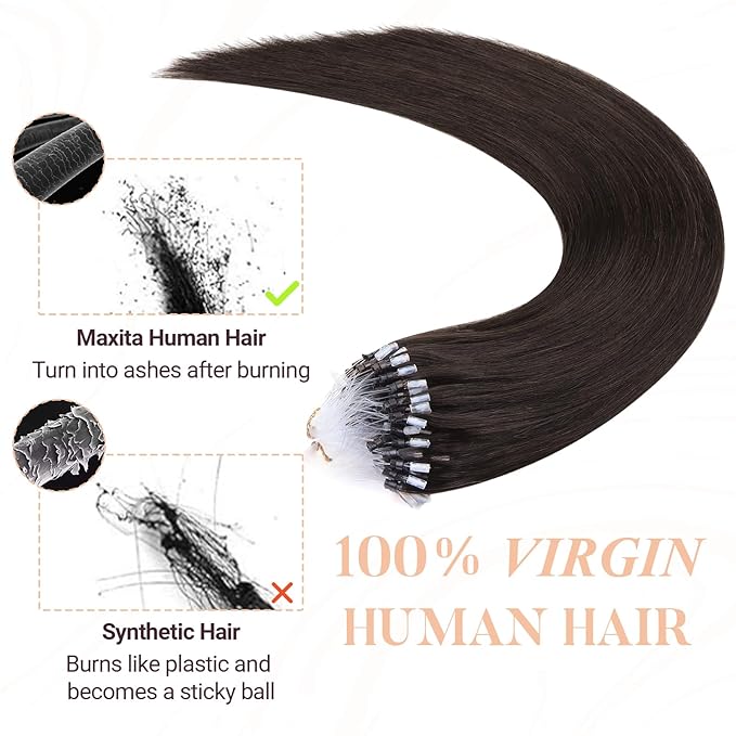 MAXITA Microlink Hair Extensions Human Hair Dark Brown Micro Bead Hair Extensions Virgin Human Hair, 50g/50 Strands/Pack, 22 In