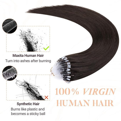 MAXITA Microlink Hair Extensions Human Hair Dark Brown Micro Bead Hair Extensions Virgin Human Hair, 50g/50 Strands/Pack, 22 In