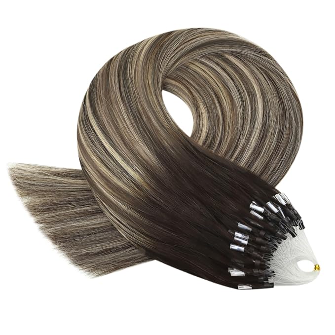 YoungSee Microlink Hair Extensions Human Hair Balayage Microloop Hair Extensions Human Hair Dark Brown Roots Ombre Blonde Bead Hair 18In 50g 50s Remy Extensions for Thin Hair