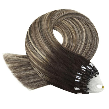 YoungSee Microlink Hair Extensions Human Hair Balayage Microloop Hair Extensions Human Hair Dark Brown Roots Ombre Blonde Bead Hair 18In 50g 50s Remy Extensions for Thin Hair