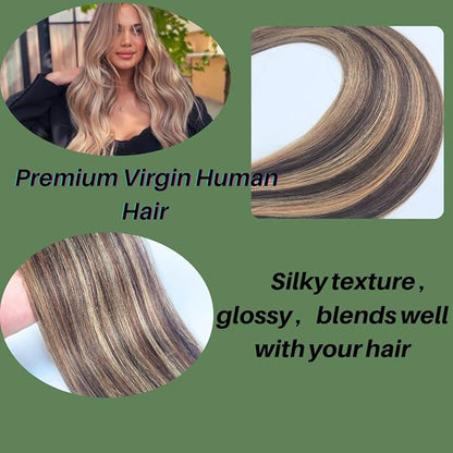Brown Blonde Tape in Hair Extensions Human Hair Seamless Invisible Silky Straight Hair Extensions Tape in Real Human Hair 14Inch 20PCS 30Gram