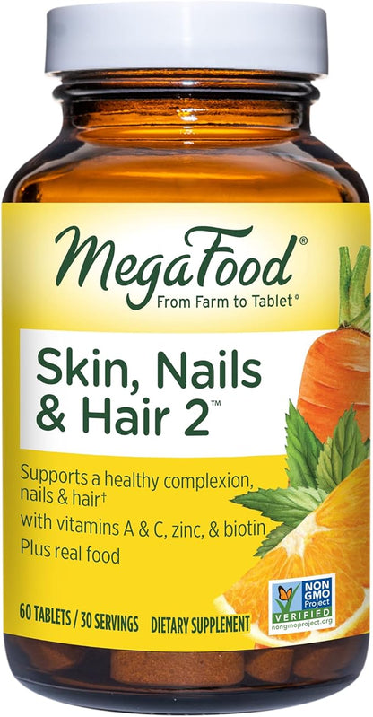 MegaFood Skin, Nails & Hair 2 - Vitamins for Women & Men - Biotin, Vitamin A, C, Zinc, B6, E, Pantothenic Acid - Vegan - Made Without 9 Food Allergens - 60 Tabs (30 Servings)