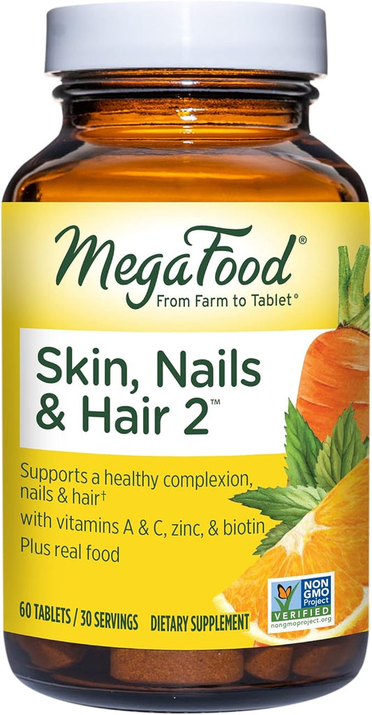 MegaFood Skin, Nails & Hair 2 - Vitamins for Women & Men - Biotin, Vitamin A, C, Zinc, B6, E, Pantothenic Acid - Vegan - Made Without 9 Food Allergens - 60 Tabs (30 Servings)