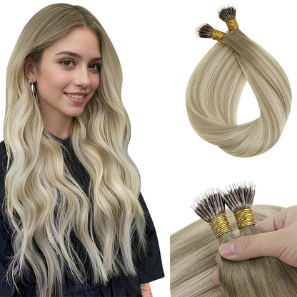 Sunny Hair Nano Hair Extensions Human Hair Ash Blonde Balayage Platnum Blonde Hair Extensions Nano Bead 20inch Nano Loop Natural Looking 50g