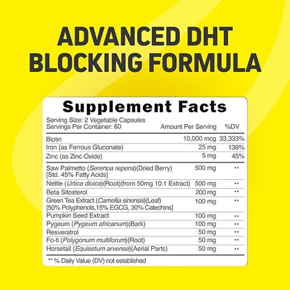 Hair Growth Vitamins for Women & Men | DHT Blocker with Saw Palmetto & 10000mcg Biotin, Foli Tonic Hair Growth Supplement – Supports Fuller, Thicker Hair Appearance, Non-GMO, 120 Vegan Capsules