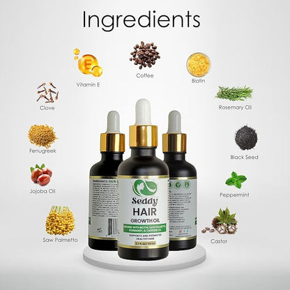 Seddy Hair Growth & Strengthening Oil with Caffeine, Rosemary, Castor, Biotin, Peppermint, Argan & Jojoba Oils - 1.7 Fl. Oz (Pack of 1)