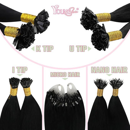 YoungSee Ktip Human Hair Extensions Jet Black 24inch Remy Hair Extensions K Tip Jet Black Keratin Human Hair Extensions Black Soft and Silky K Tip Extensions Long Straight Hair 50s/50g