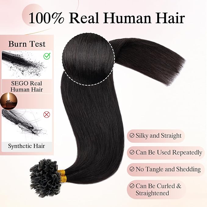U Tip Hair Extensions Human Hair Pre Bonded Extensions Keratin Fusion Extensions K Tip Hair Extensions Real Human Hair Silky Straight Natural 50g/100 Stands 20" Natural black