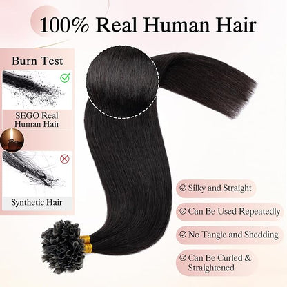 U Tip Hair Extensions Human Hair Pre Bonded Extensions Keratin Fusion Extensions K Tip Hair Extensions Real Human Hair Silky Straight Natural 50g/100 Stands 20" Natural black