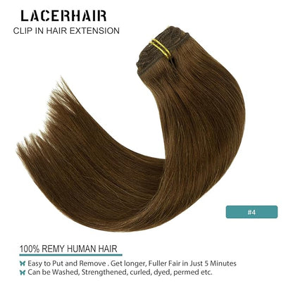 Lacer Hair Extensions Clip In Real Human Hair Extensions 120g 7 Pieces Silky Straight Weft Remy Human Hair Clip in Hair Extensions Chocolate Brown #4 14 Inch