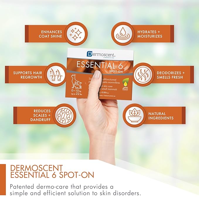 Dermoscent Essential 6 spot-on - Dog Skin Care for Dandruff & Allergy Relief with Vitamin E Oil - Anti Itch for Dogs - Dog & Small Mammals 0-10 kg - 4 Pipettes of 0.6 ml
