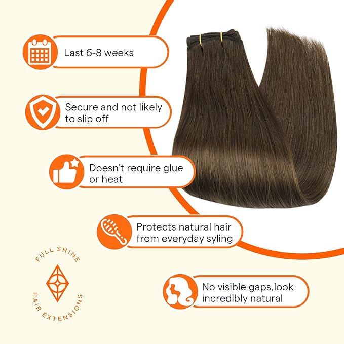 Full Shine Weft Hair Extensions Human Hair Invisible Sew In Human Hair 14 Inch 100G Color Medium Brown Straight Human Hair Bundles Weft Extensions Soft Hair For Women Machine Tied Weft