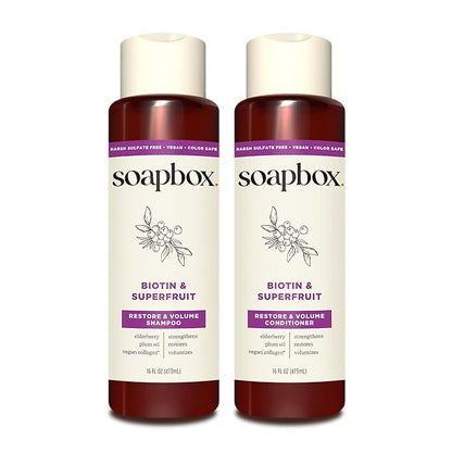 Soapbox Biotin & Superfruit Shampoo & Conditioner Set with Vegan Collagen, Aloe and Shea Butter, Pack of 2 Harsh Sulfate Free, Paraben & Silicone Free, 16 Ounces Each