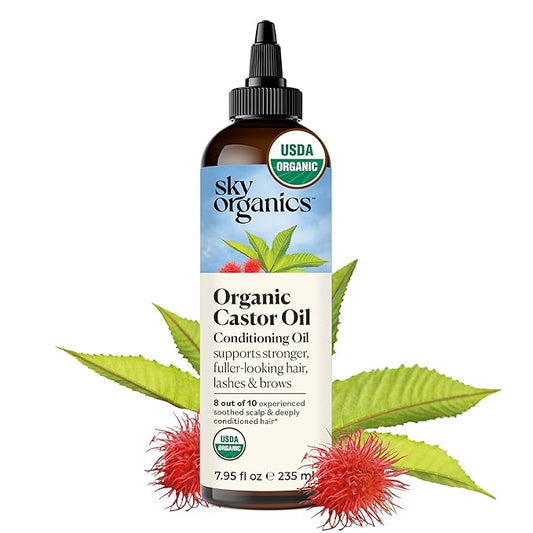 Sky Organics Castor Oil - USDA Certified Organic Hair Oil for Hair Growth, Skin, Face, Eyelashes - Cold Pressed & Hexane Free - Pure Organic Castor Oil Pack Wrap - Carrier & Hair Treatment Oil