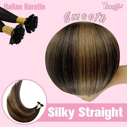 YoungSee Ktip Hair Extensions Human Hair Balayage Brown K Tip Extensions Human Hair Dark Brown with Medium Brown Ombre Ktips Human Hair Extensions 16Inch Hair Extensions for Women 50G/S