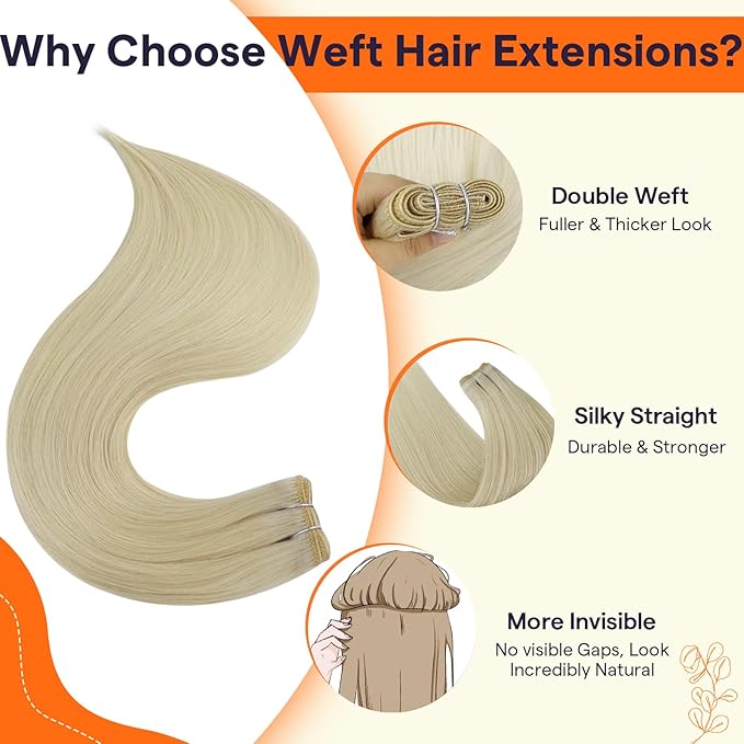 Full Shine Sew In Hair Extensions Real Human Hair Weft Hair Extensions Remy Straight Hair Color Platinum Blonde Extensions Soft Hair Weft Extensions For Women 10 Inch 50G