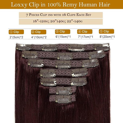 Loxxy 14Inch Hair Extensions Seamless Clip in Human Hair 9A Grade Brazilian Human Hair Extension Red Wine #99J Silky Straight Natural Hair Extensions Clip in Double Weft Human Hair 7pcs 16 Clips 120G