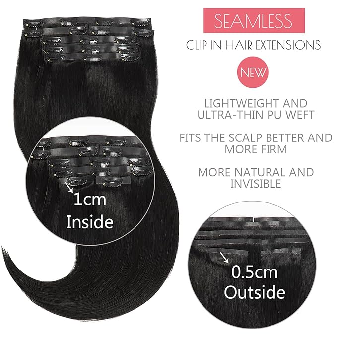 Loxxy Human Hair Extensions Clip in Jet Black Seamless Clip in Hair Extensions Real Human Hair 14Inch 130G 7Pcs Invisible PU Skin Weft Silky Straight Natural Remy Thich Hair