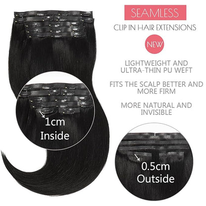 Loxxy Human Hair Extensions Clip in Jet Black Seamless Clip in Hair Extensions Real Human Hair 14Inch 130G 7Pcs Invisible PU Skin Weft Silky Straight Natural Remy Thich Hair