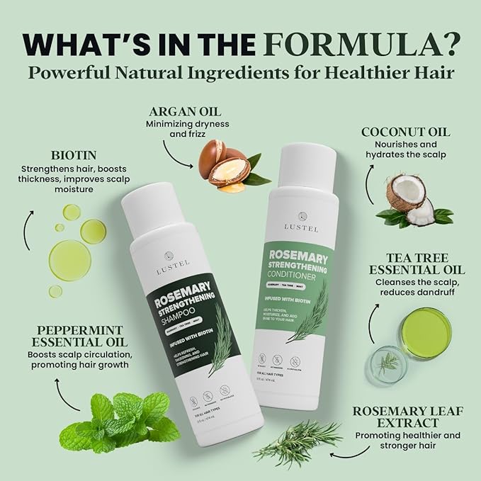 LUSTEL Rosemary Strengthening Volumizing Shampoo and Conditioner Set for Thinning Hair - Sulfate Free - Biotin Shampoo with Tea Tree & Mint. For All Hair Types - 16 Fl Oz Each (2-Pack)