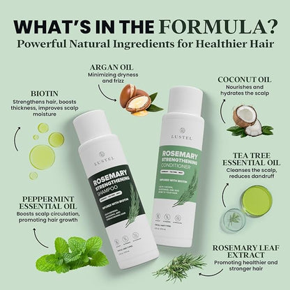 LUSTEL Rosemary Strengthening Volumizing Shampoo and Conditioner Set for Thinning Hair - Sulfate Free - Biotin Shampoo with Tea Tree & Mint. For All Hair Types - 16 Fl Oz Each (2-Pack)