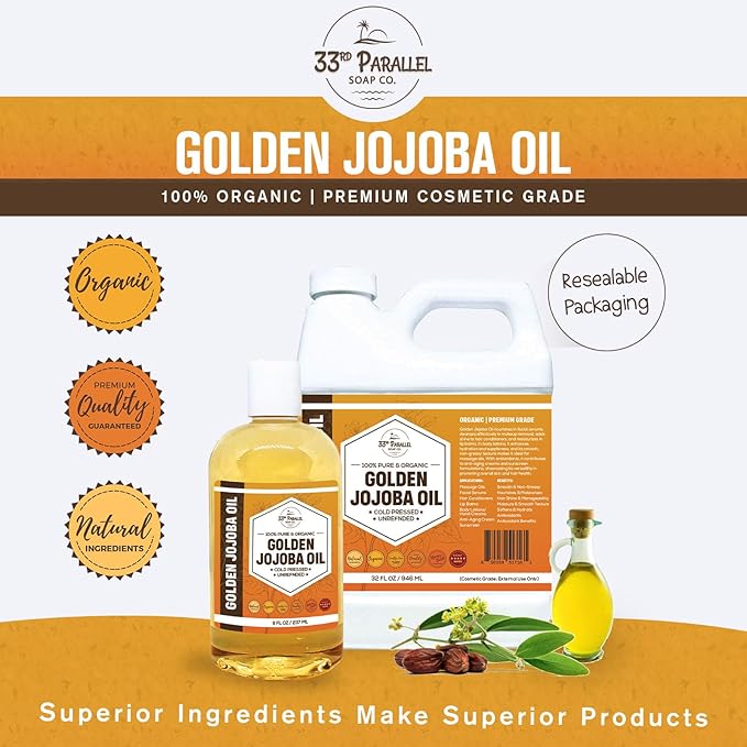 33rd PARALLEL | Golden Jojoba Oil (32 oz) Cold Pressed & Unrefined; Non-GMO; 100% Pure & Natural Hexane Free | Moisturizing Oil for Skin, Face, Hair & Nails | 32 FL OZ