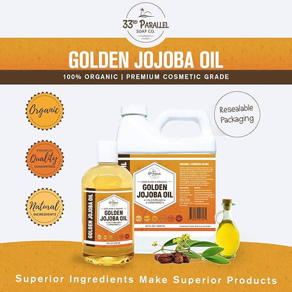 33rd PARALLEL | Golden Jojoba Oil (32 oz) Cold Pressed & Unrefined; Non-GMO; 100% Pure & Natural Hexane Free | Moisturizing Oil for Skin, Face, Hair & Nails | 32 FL OZ