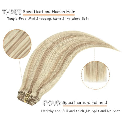 Caliee Real Hair Extensions Clip in Human Hair Natural Silky Straight Hair Extensions Balayage Clip in Hair Extehsions Golden Brown #10 Mixed Bleach Blonde #613 140g 7Pcs 22inch